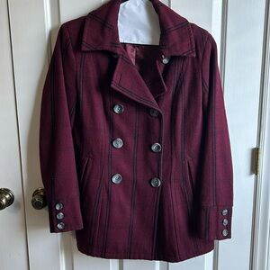 Bob Timberlakelake Bass Pro Pea Coat Woman’s Medium Burgandy and Black Plaid